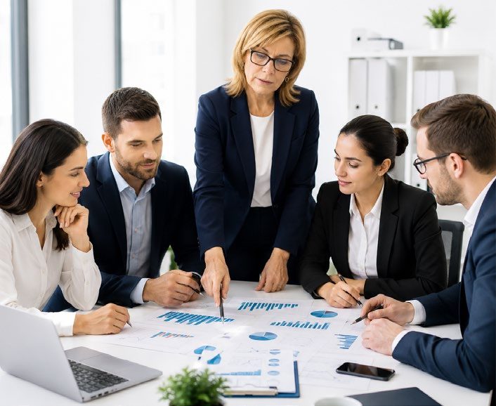 Echipa AEI Finance în discuție analizând rapoarte financiare